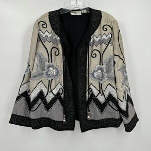 Womens Silk Embroidered Boho Jacket Black Gray Artistic Size XL Avant Garde